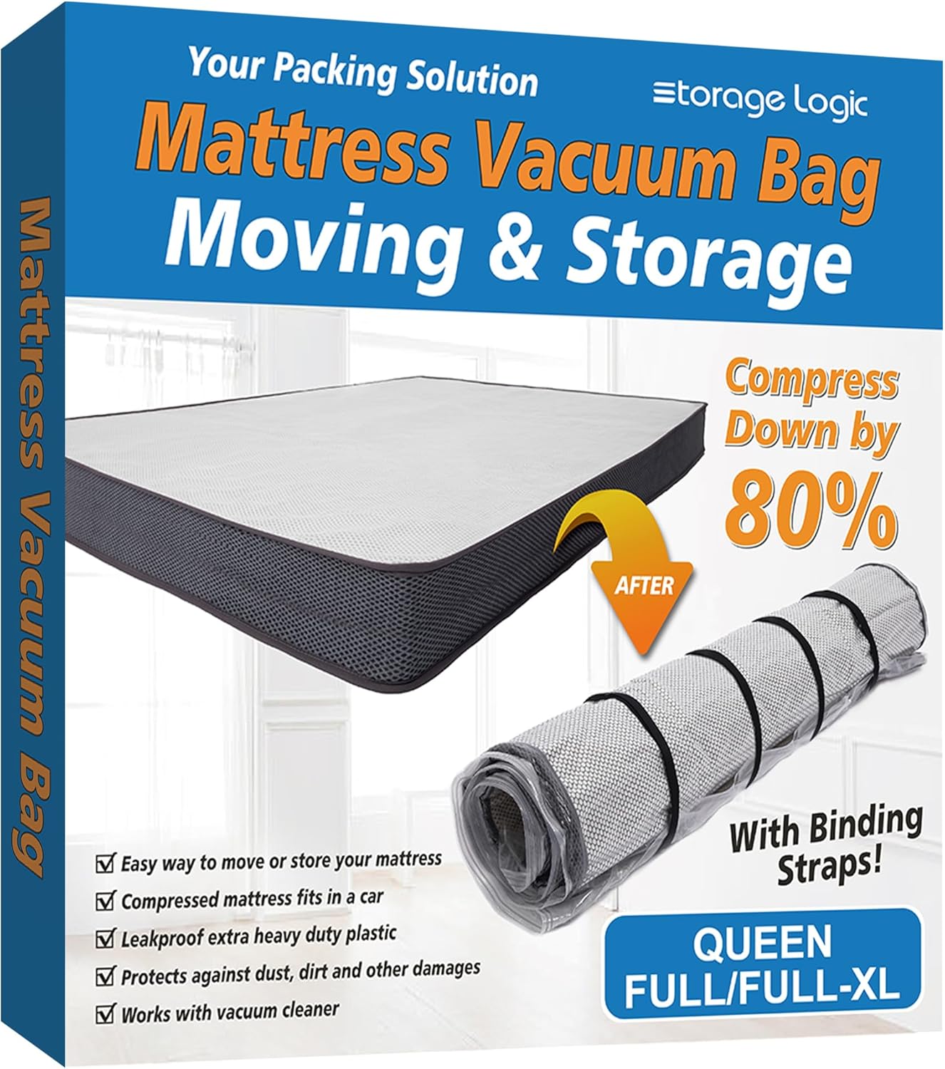 VacHeavy Duty Vacuum Mattress Bag Roll Up Compression Storage Moving w/ Straps