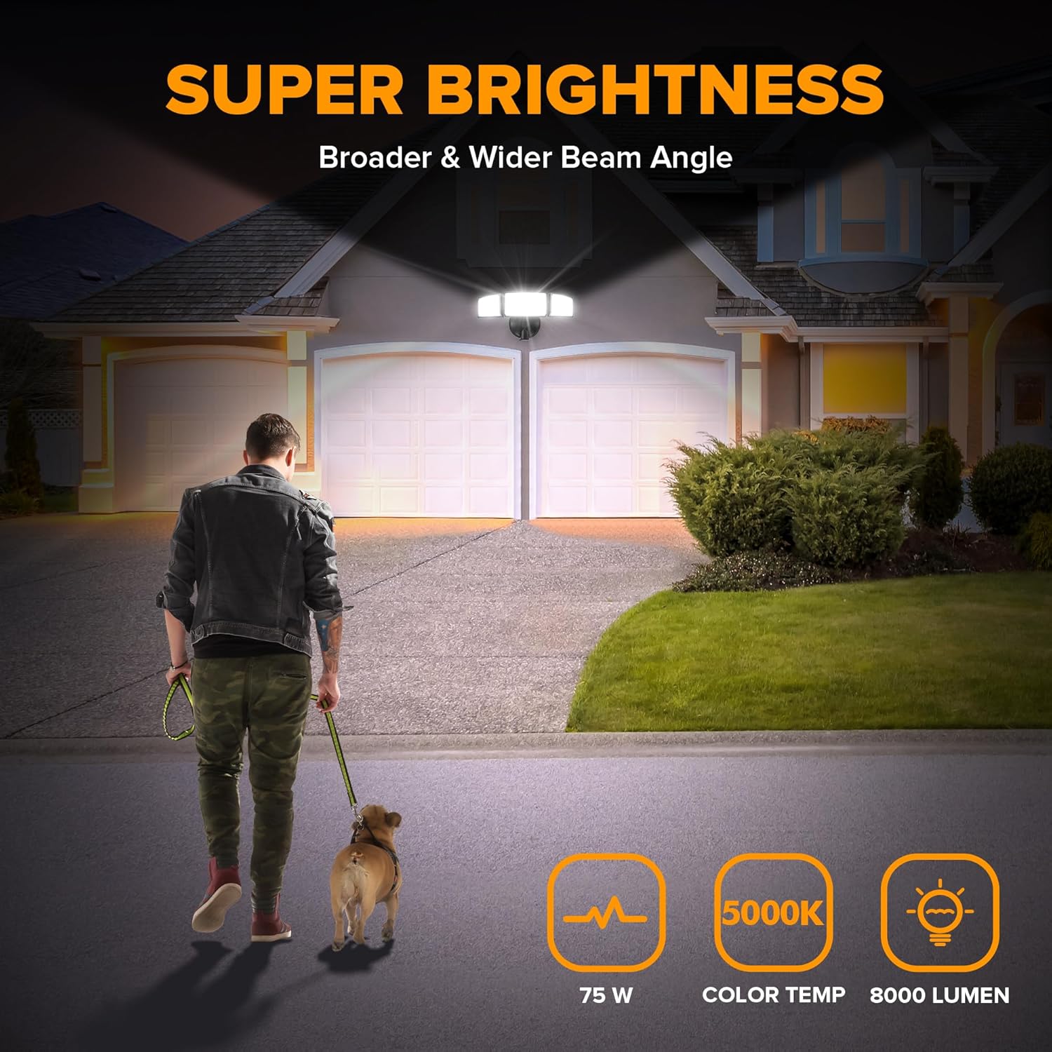 LED Flood Security Light 75W 8000LM IP65 Waterproof for Garage Yard