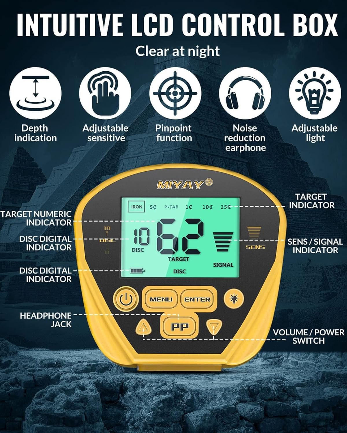 MIYAY Metal Detector Waterproof LCD 5 Modes 10" Coil High Accuracy