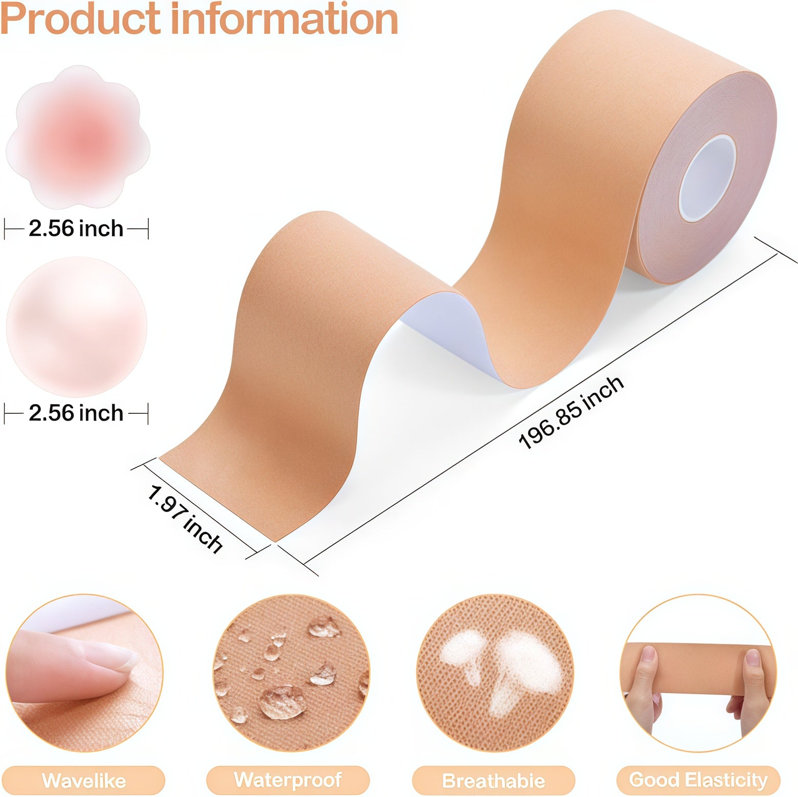 Boob Tape, 2 Rolls, Boobtape Breast Lift Tape, Bob Tape Lift for Big Breast, Anti-Sagging Breast Tape for A-G Cup with Silicone Pasties x 2 Pairs, Reusable Adhesive Bra Beige