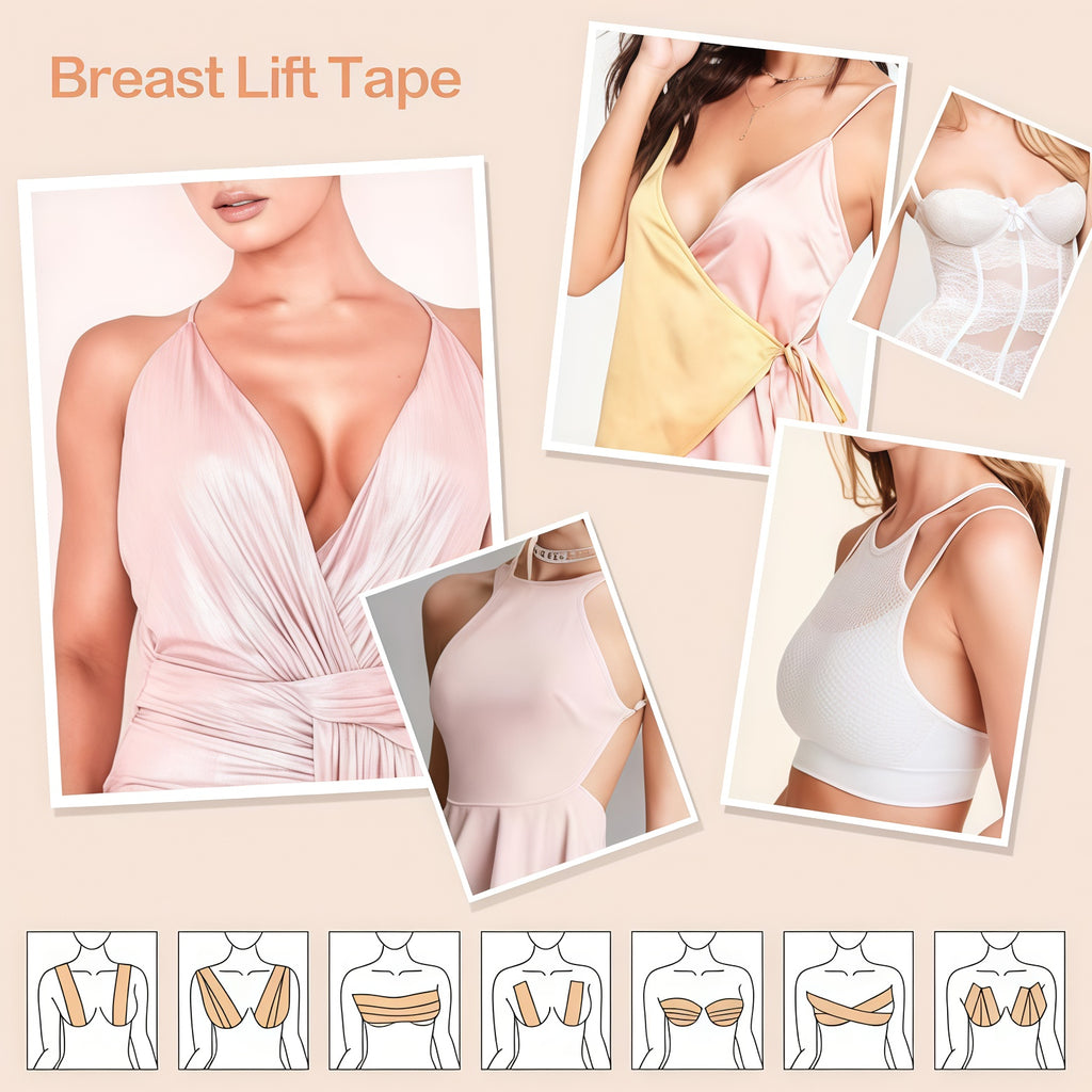 Boob Tape, 2 Rolls, Boobtape Breast Lift Tape, Bob Tape Lift for Big Breast, Anti-Sagging Breast Tape for A-G Cup with Silicone Pasties x 2 Pairs, Reusable Adhesive Bra Beige