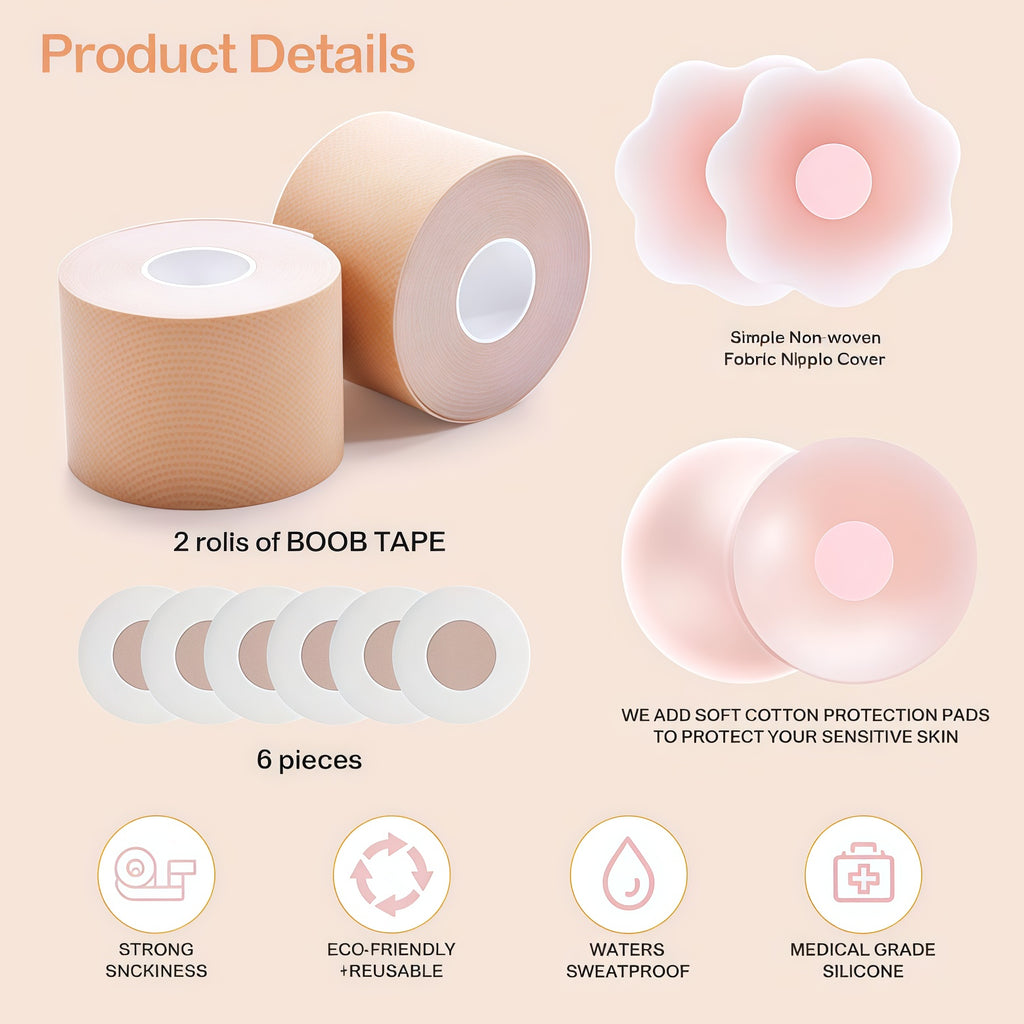 Boob Tape, 2 Rolls, Boobtape Breast Lift Tape, Bob Tape Lift for Big Breast, Anti-Sagging Breast Tape for A-G Cup with Silicone Pasties x 2 Pairs, Reusable Adhesive Bra Beige