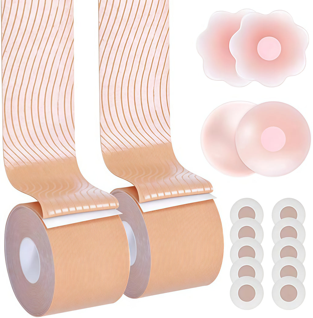 Boob Tape, 2 Rolls, Boobtape Breast Lift Tape, Bob Tape Lift for Big Breast, Anti-Sagging Breast Tape for A-G Cup with Silicone Pasties x 2 Pairs, Reusable Adhesive Bra Beige